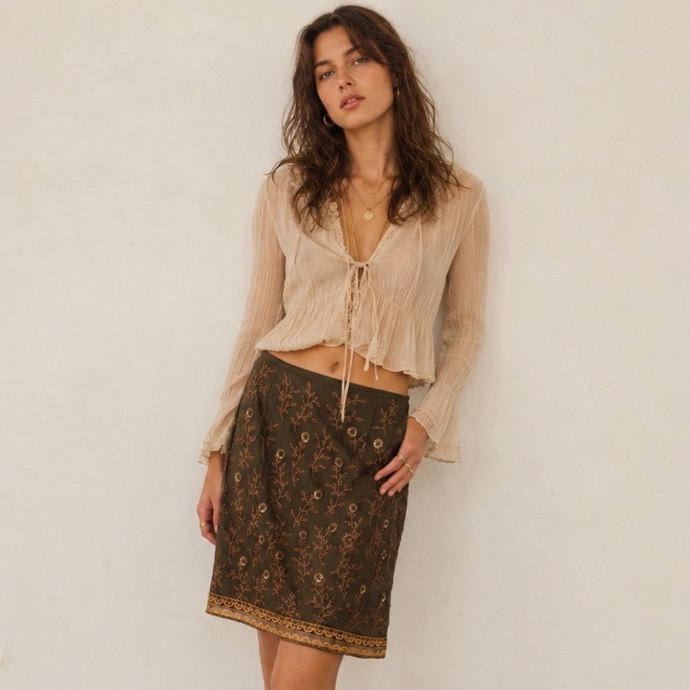 Express Vintage Y2K Silk‎ Floral Embroidered Sequin Skirt Womens 9 Olive Green